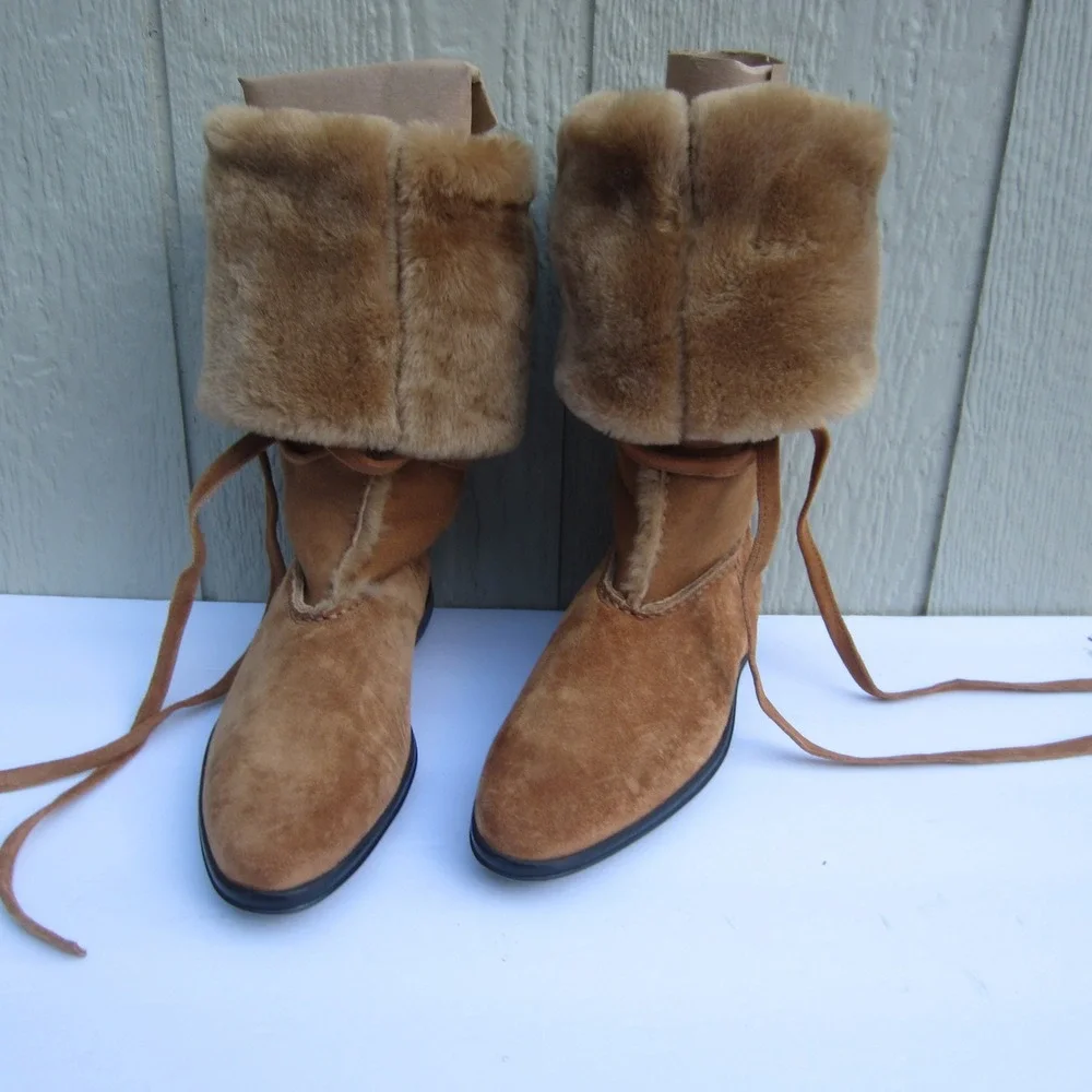 VTG TOD'S Boot Womens 6 Brown Suede Shearling Knee High Fur Laces Y2K Luxury Ita